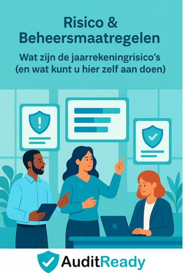 **Alt-tekst:** Illustratie in AuditReady-stijl van drie financiële professionals die in een moderne kantooromgeving samenwerken aan een risicomatrix op een groot scherm. De afbeelding toont het thema *“Risico & Beheersmaatregelen”* in een rustige blauwgroene kleurstelling (#2aa2cb, #4a92ce, #00bf55, #00bf55). Rechtsonder staat het officiële AuditReady-logo met het blauwe schild en de witte checkmark, wat professionaliteit en controle symboliseert.